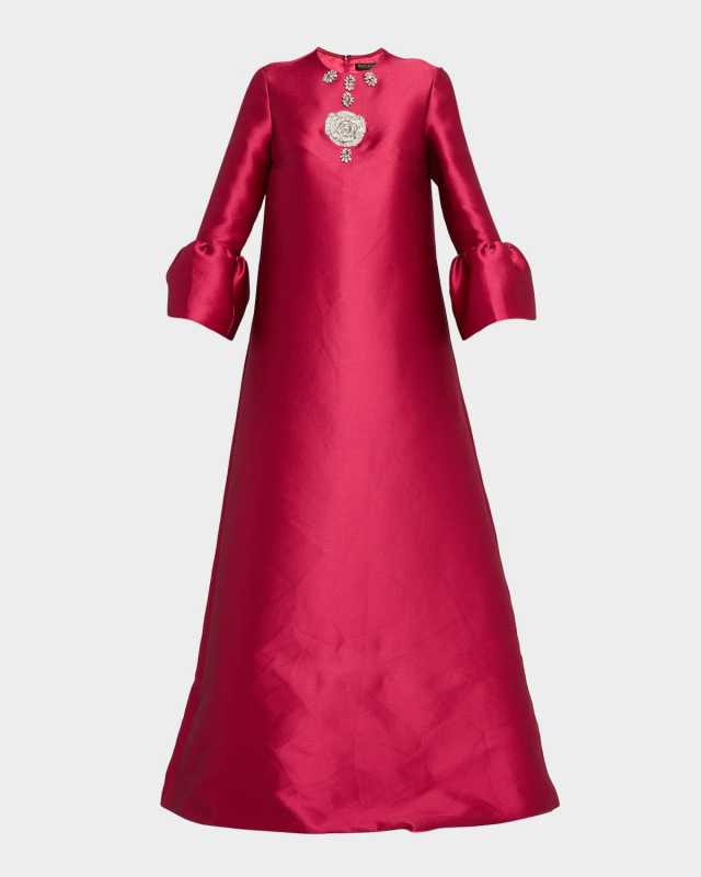 Embellished Ruffle-Sleeve Mikado Pique Maxi Dress